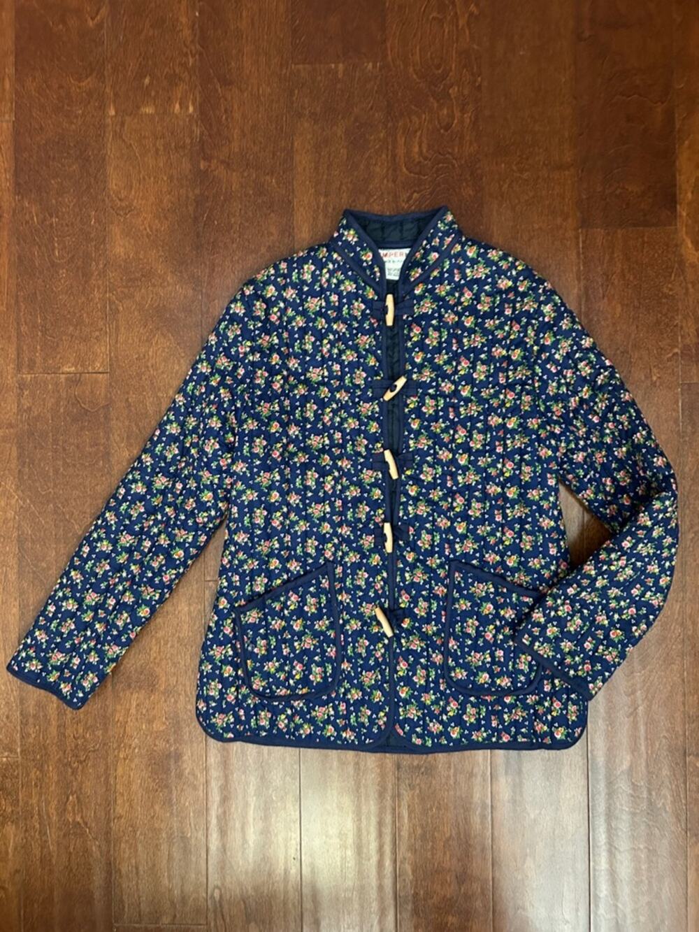 Vintage Hong Kong Quilted Navy Ditsy Floral Wooden Toggle Jacket, Size XS/S